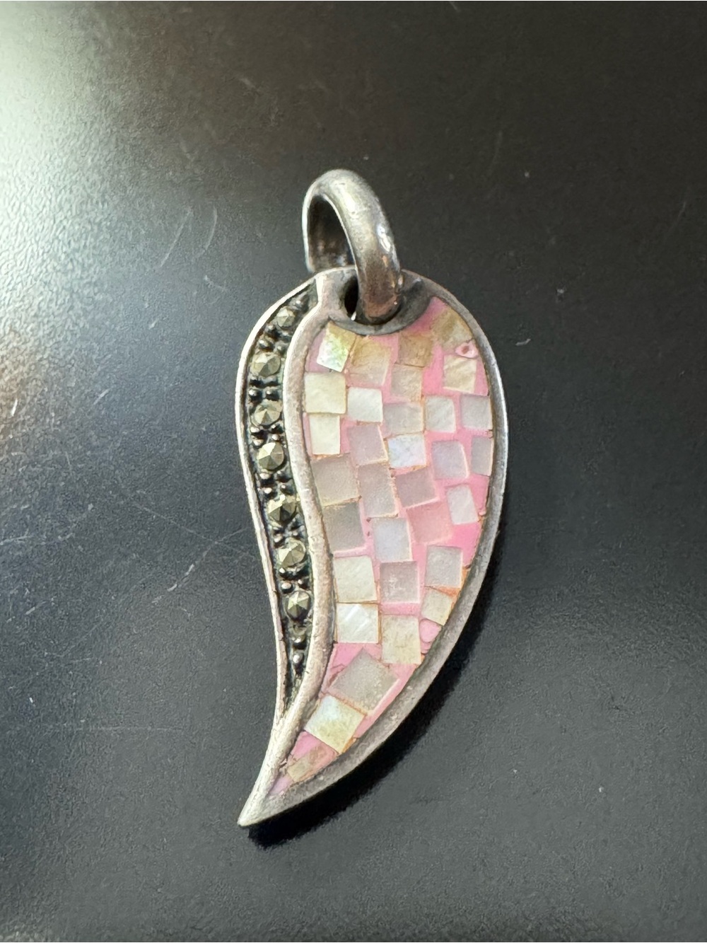 Sterling Silver Pink Mosaic Shell & Marcasite Paisley Pendant